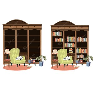 May include: Illustration of a cozy reading nook with a wooden bookcase, a green armchair, a small side table with a lamp, and a sleeping cat. The bookcase is filled with books in one image and empty in the other.
