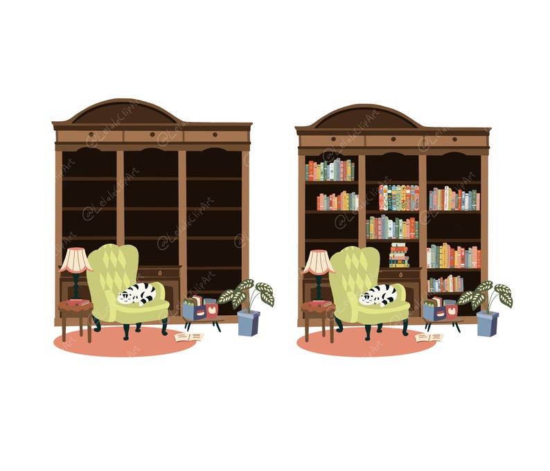 May include: Illustration of a cozy reading nook with a wooden bookcase, a green armchair, a small side table with a lamp, and a sleeping cat. The bookcase is filled with books in one image and empty in the other.