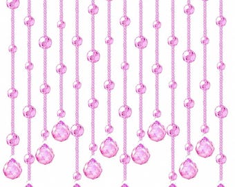 May include: A curtain made of pink crystal beads. The beads are strung on clear thread and hang in a straight line. The beads are all the same size and shape, and they are all faceted. The curtain is hanging in front of a white background.