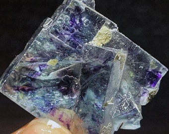 May include: A close-up of a fluorite crystal cluster. The crystal displays a mix of colors, including purple, blue, and clear sections. Small, light-colored mineral deposits are visible on the surface. The crystal is held by a person's fingers.