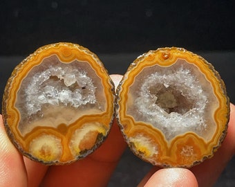 May include: Two halves of a geode with a white crystal interior and brown, orange, and yellow banding. The geode is cut in half and polished to reveal the crystal interior.