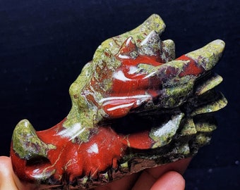 Hand Carved Dragon Blood Stone Dragon Head, Crystal Sculpture