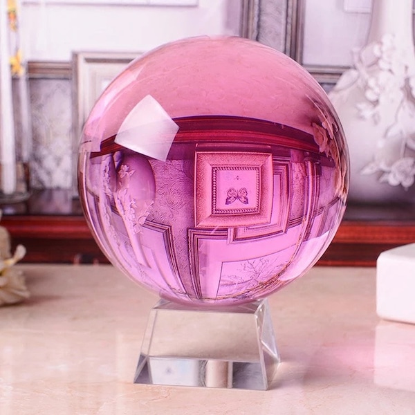 Boule de cristal, boule de cristal rose regard de verre boule de cristal divination série de guérison, impact visuel boule d’amour