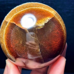 May include: A spherical gemstone with a polished finish, displaying a warm colour palette. The orb features amber, brown, and reddish-brown hues, with a bright white inclusion near the top. The surface has a natural, textured appearance.