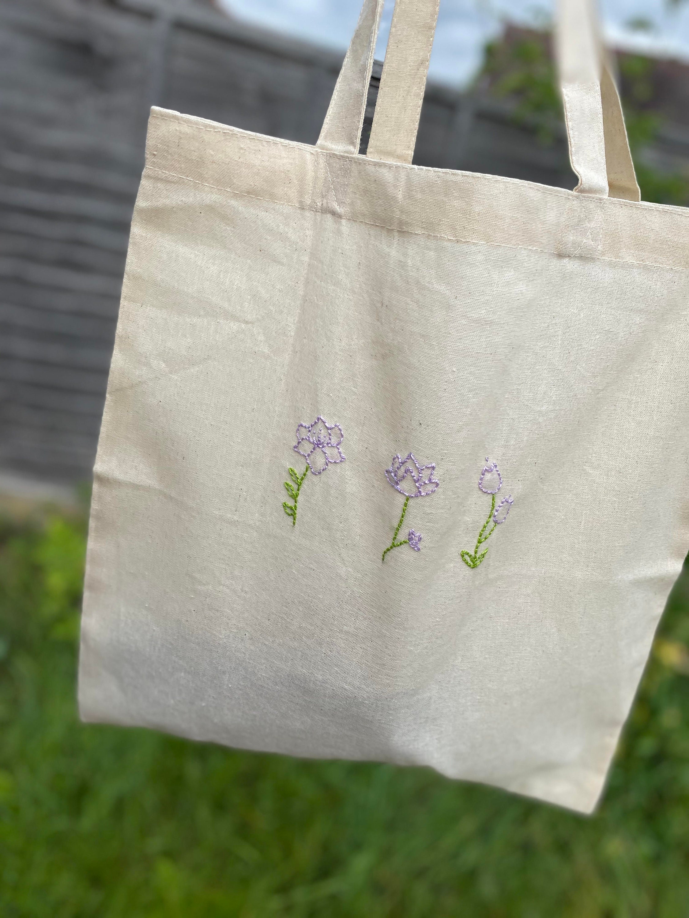 Hand embroidered flower tote bag | Etsy