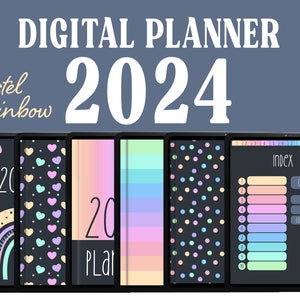 2024 DIGITAL PLANNER Dark Mode, GoodNotes Planner Pastel Rainbow, Monday & Sunday Start Planner 2024, iPad Planner Black, Digital Calendar