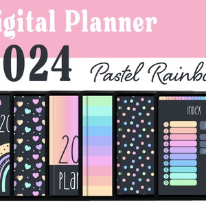 DIGITAL PLANNER 2024, GoodNotes Planner 2024, Pastel Rainbow Planner 2024 Dark Mode, Digital Calendar 2024, Notability Planner 2024