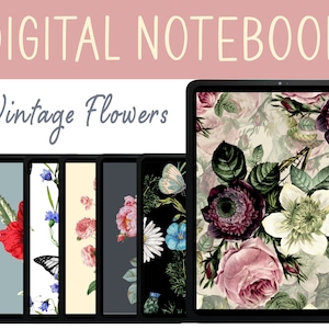 May include: A digital notebook featuring a selection of vintage floral patterns. The notebook is displayed on a tablet screen with a black frame. The designs include roses, butterflies, and other flowers in shades of pink, red, blue, and green.