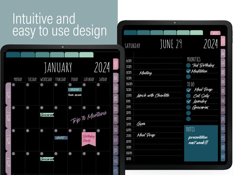 DIGITAL PLANNER 2024 Dark Mode, Digital Calendar 2024 Digital Planner