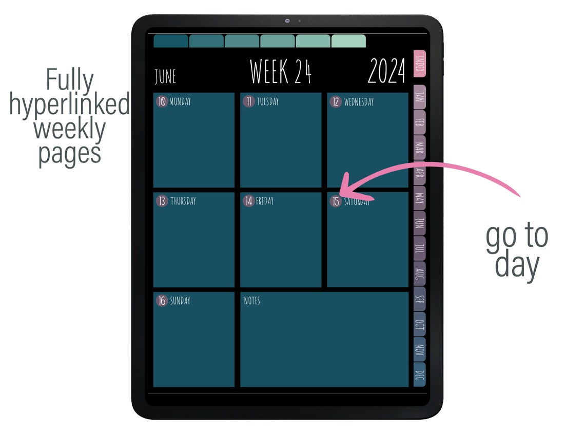 DIGITAL PLANNER 2024 Dark Mode, Digital Calendar 2024 Digital Planner