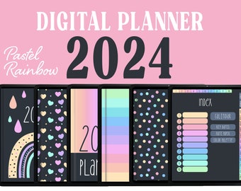 2024 DIGITAL PLANNER GoodNotes, Digital Planner 2024 Portrait, Dark Mode Digital Planner 2024 Cute Pastel Rainbow, Monday and Sunday start