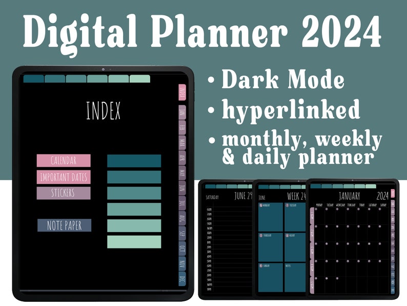 DIGITAL PLANNER 2024 Dark Mode, Digital Calendar 2024 Digital Planner