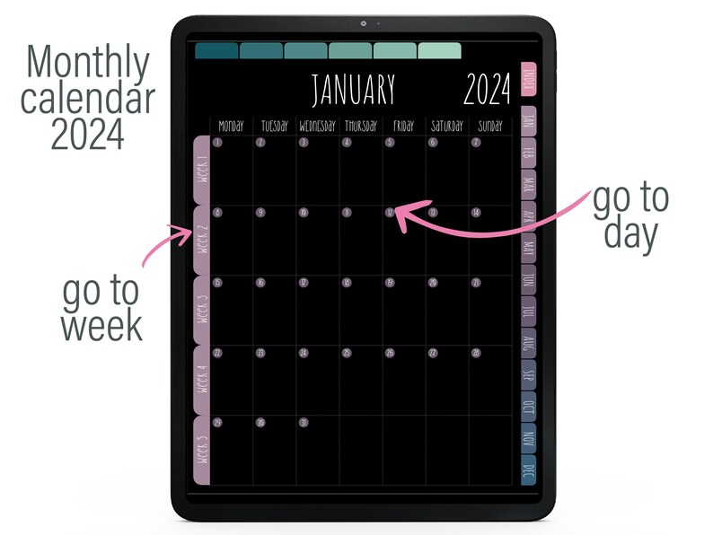 DIGITAL PLANNER 2024 Dark Mode, Digital Calendar 2024 Digital Planner