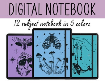 DIGITAL Notebook Witchy, 12 Subject Notebook with Hyperlinked Tabs and 20 Notebook Covers, GoodNotes Notebook Purple Blue Green