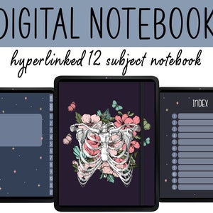 Witchy DIGITAL Notebook Dark Mode Notebook Goodnotes, 12 Subject Notebook Hyperlinked, Dark Mode Notebook Notability, Gothic Skull Notebook