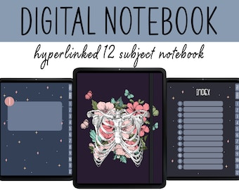 Witchy DIGITAL Notebook Dark Mode Notebook Goodnotes, 12 Subject Notebook Hyperlinked, Dark Mode Notebook Notability, Gothic Skull Notebook