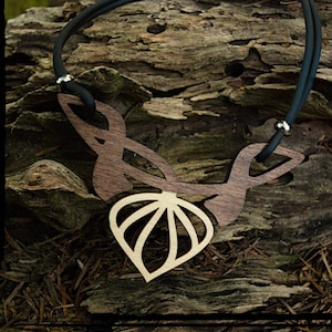 Geometric laser cut necklace in wood, steel and rubber, art deco necklace, art nouveau necklace, liberty necklace, flower necklace