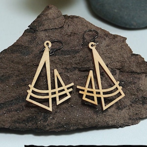 Geometric laser cut earrings in wood and steel - double triangle