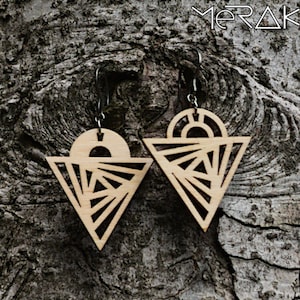 Geometric laser cut earrings in wood and steel - spiral triangle