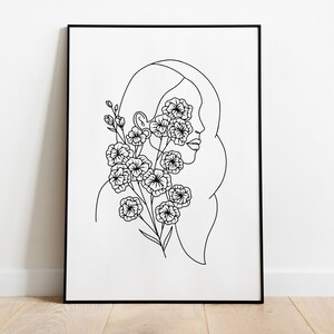 Linie Kunst des Mädchens mit Blumen, Linie Zeichnung von Blumen, Blumen Poster, Mädchen Blumen Wanddruck, Blumen Wandkunst, minimalistische Linie Kunst