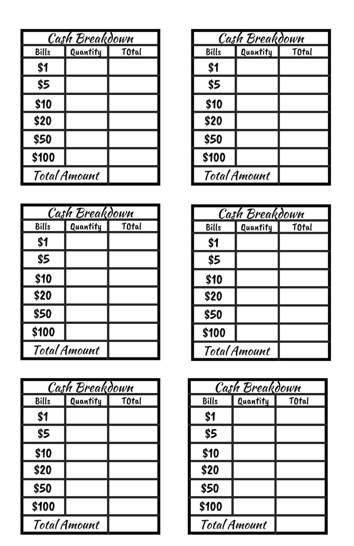 Printable Cash Breakdown Slips DIGITAL Etsy