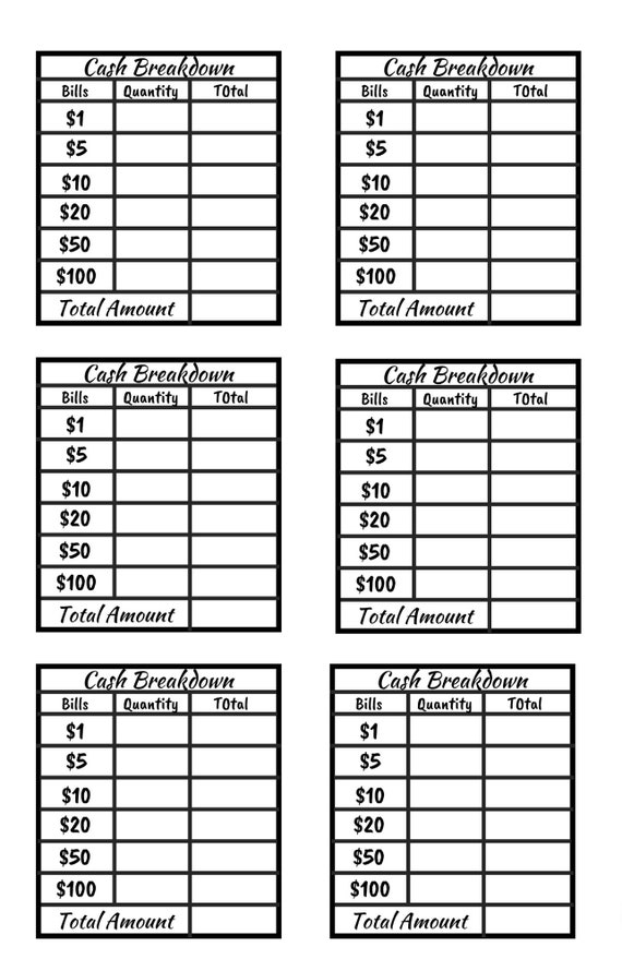 Printable Cash Breakdown Slips DIGITAL Etsy Australia