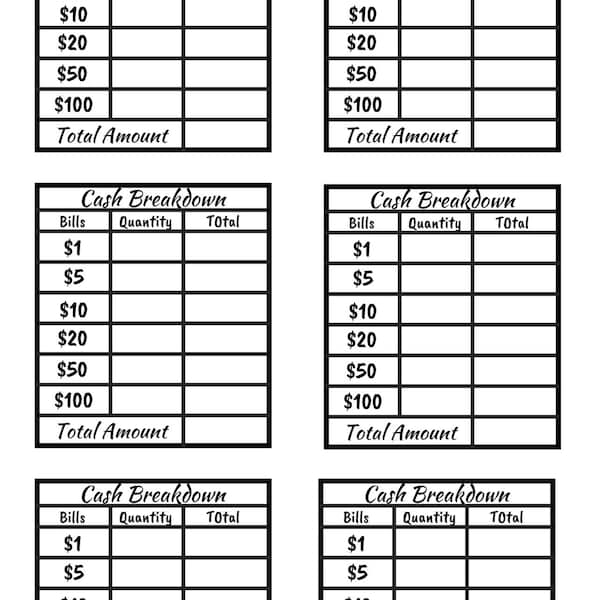 Free Cash Breakdown Sheet Etsy