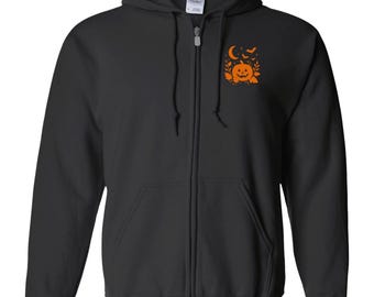 Halloween Pumpkin Zip Hoodie | Spooky Crescent Moon Bats Fall Sweatshirt