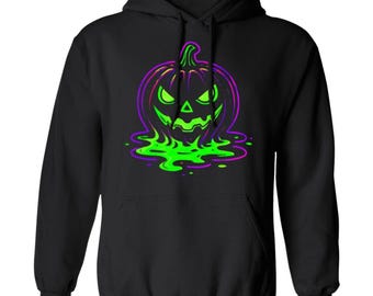 Sudadera con capucha estilo urbano de Halloween con calabaza derretida de neón - Diseño artístico en verde tóxico y morado