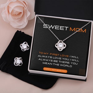 Regalo de hijo a mamá: pendientes de nudo de amor y juego de collar, tarjeta de mensaje de joyería del Día de la Madre, a mi primer amor, regalos de hijo a mamá