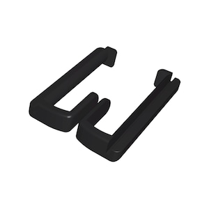 Puede incluir: Dos soportes de estante de pl&aacute;stico negro, cada uno con un dise&ntilde;o en forma de U, se muestran en una vista de primer plano. Los soportes est&aacute;n dise&ntilde;ados para soportar estantes u otros objetos.
