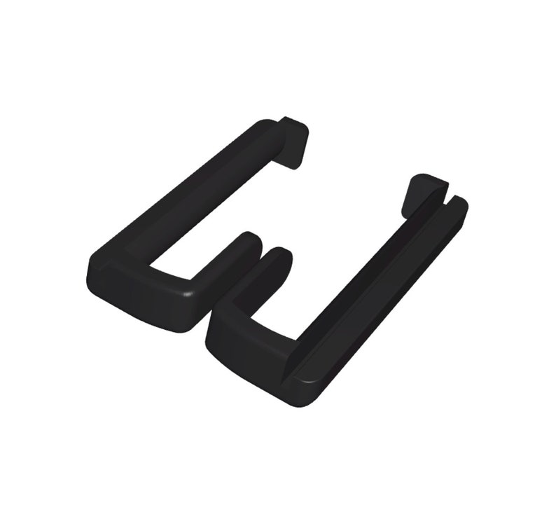 Puede incluir: Dos soportes de estante de pl&aacute;stico negro, cada uno con un dise&ntilde;o en forma de U, se muestran en una vista de primer plano. Los soportes est&aacute;n dise&ntilde;ados para soportar estantes u otros objetos.