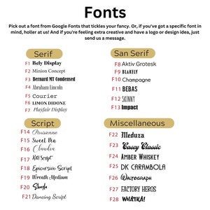 A selection chart of font styles titled 'Fonts' with four categories: Serif, San Serif, Script, and Miscellaneous. Each category showcases a variety of fonts available from Google Font, and users can pick a font.