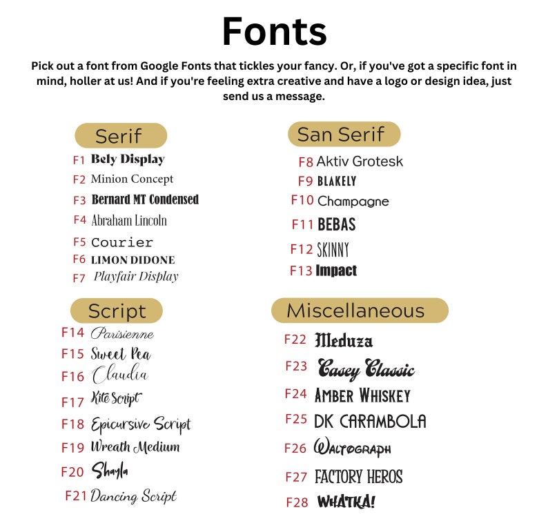 A selection chart of font styles titled 'Fonts' with four categories: Serif, San Serif, Script, and Miscellaneous. Each category showcases a variety of fonts available from Google Font, and users can pick a font.