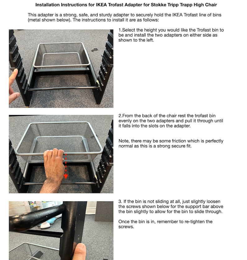 Puede incluir: Instrucciones para instalar un adaptador de metal negro para una silla alta. El adaptador est&aacute; dise&ntilde;ado para sujetar un contenedor de almacenamiento de metal gris. Las instrucciones muestran c&oacute;mo instalar el adaptador y c&oacute;mo deslizar el contenedor en el adaptador.