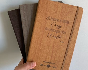 Personalized Engraved Notebook | Custom Faux Wood Hardcover Book with Inner Pocket