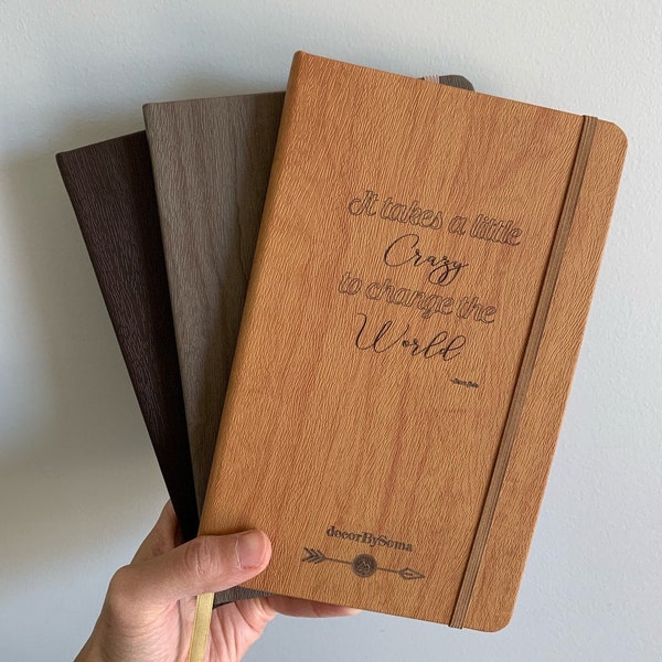 Personalized Engraved Notebook | Custom Faux Wood Hardcover Book with Inner Pocket