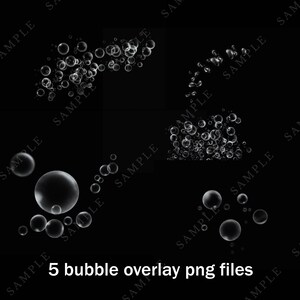 May include: Five different images of white bubbles on a black background. The bubbles are of varying sizes and are arranged in different patterns.