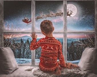 May include: A child in red pajamas with a reindeer pattern looks out a window at Santa Claus in his sleigh and reindeer flying across a starry night sky. A full moon shines brightly above a snowy forest.