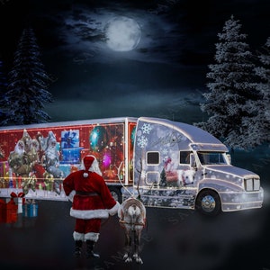 Semi de Natal, Caminhão Semi, Caminhão de férias, arte de parede, fundo digital, fundo de Natal, cenário de caminhão, cartão de Natal, faça você mesmo