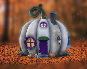 May include: A white pumpkin shaped house with a purple door, green roof, and windows. The house is surrounded by orange and brown leaves.