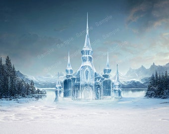 Fondo fotográfico de castillo de hielo, escena invernal nevada (descarga digital)