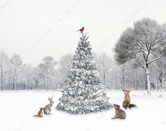 Christmas background, Forest animals, Christmas tree backdrop, Holiday background, Digital background, Snowy scene, Instant download