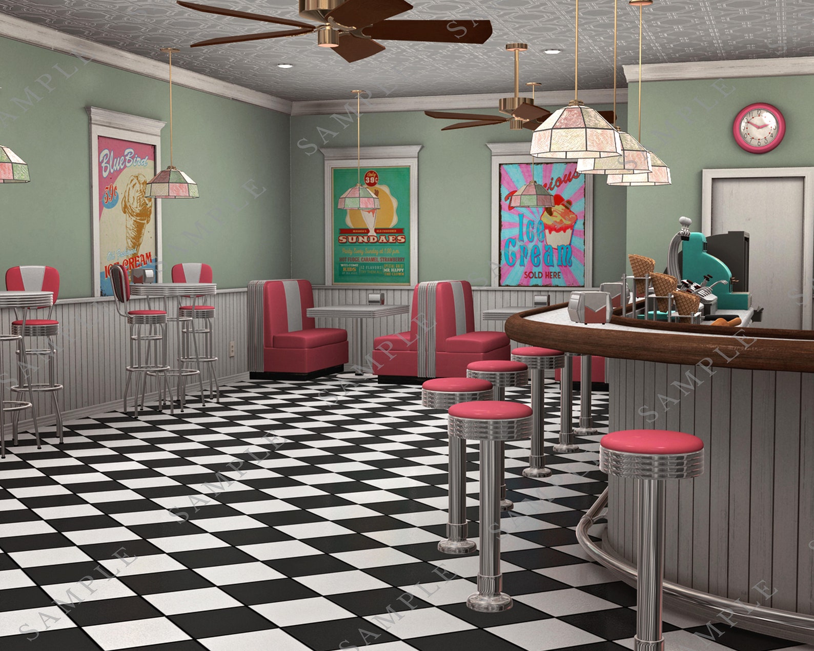 50s Diner Backdrop, Retro Ice Cream Shop, Bundle of 4, Soda Shop