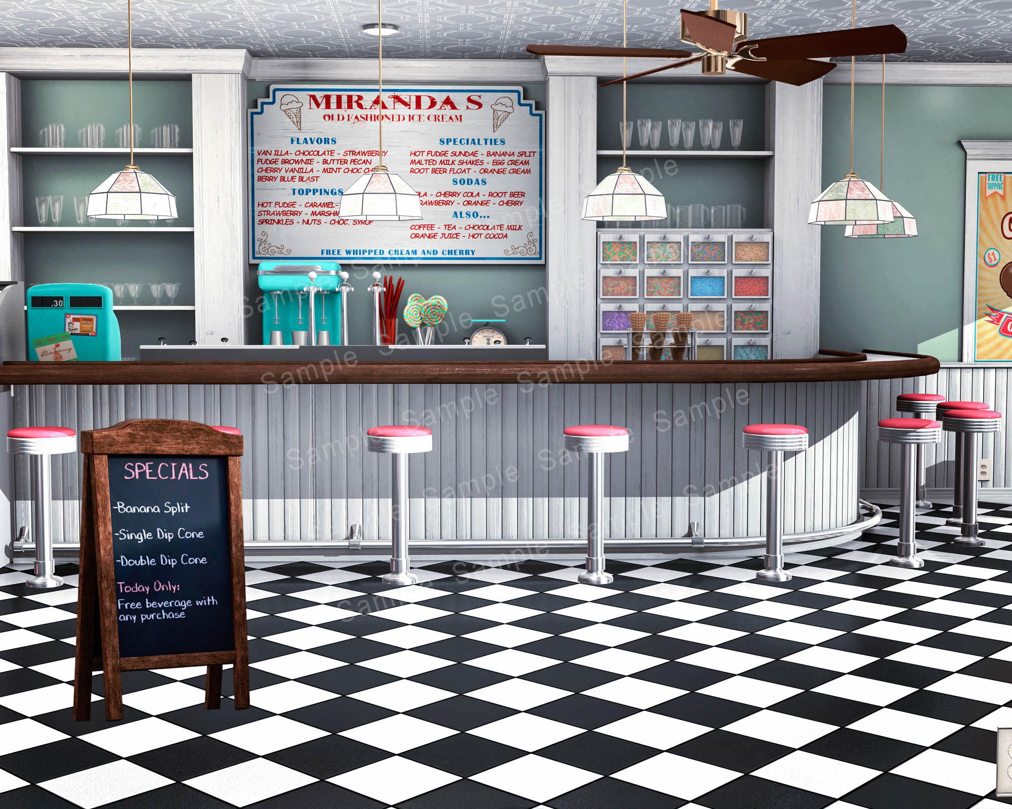 Ice Cream Shop, Photo Backdrop, Digital Backdrop, Vintage Backdrop