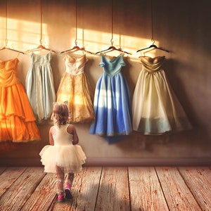 Princess backdrop of Princess dresses on a wall. Pretty digital background to add your want to be princess to in Photoshop. Jpeg image.