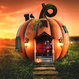 Halloween backdrop, Pumpkin House, Pumpkin background, Digital background, Photoshop backdrop, composite art, instant download