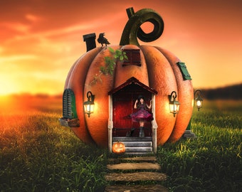 May include: A large orange pumpkin shaped house with a small girl standing in the doorway. The house has windows, a door, and a porch with a jack-o-lantern on it. The house is surrounded by tall green grass.