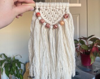 Macrame Wall Hanging Hoop Boho Home Decor, Neutral Cream Beads Rust Modern Handmade Design, Unique Fibre Art, Spring Decoration, Round