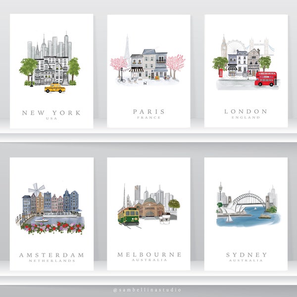 CHOOSE 3 Travel Illustrations - City Destination Art Prints, Illustrated Art Prints, Travel Posters, Hand-drawn travel illustrations